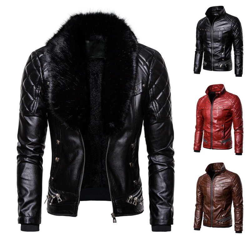 Men's punk style detachable fur collar rivets pressed cotton thick windproof car leather jacket jacket PY71-F140