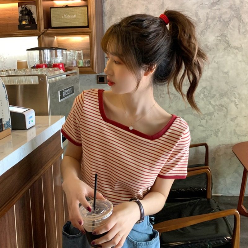 High-end retro short version square collar striped T-shirt short-sleeved top 2020 new female Internet celebrity T-shirt female ins super hot
