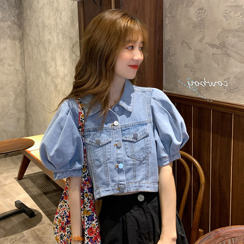 French puff sleeves short European and American ins Korean style chic tops denim shirts women's design sense niche summer short sleeves
