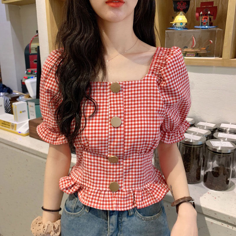 Puff sleeve chiffon top waist waist Western style design square collar short version top plaid shirt women's high-end Western style