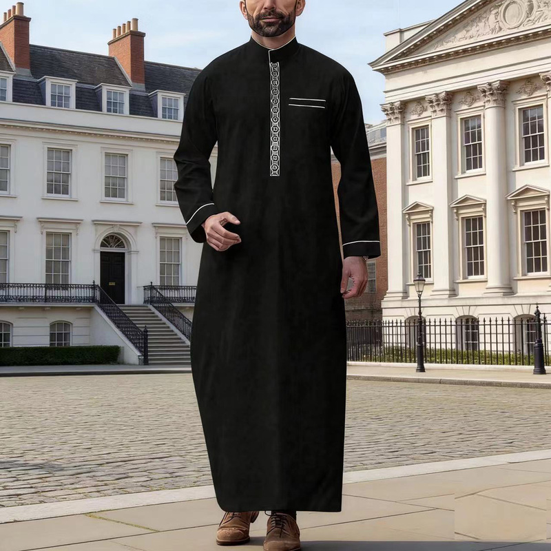 Men's Robe Dress with Stand Collar, Black Embroidered Long Gown, Ethnic Clothing for Wealthy Men