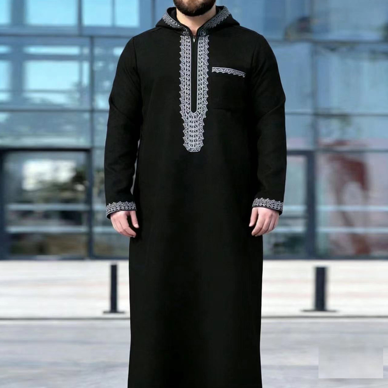 Hui Men's Hooded Long Robe Embroidered Loose Long Dress Ethnic Minority Clothing with Pockets Long Shirt