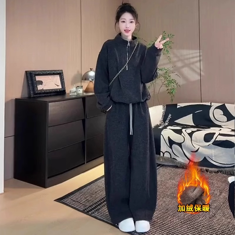 Casual Sports Suit for Women, New Winter Style, Fleece-Lined and Thickened, Half-Zip Sweatshirt, Vest, Wide-Leg Pants, Warm Two-Piece Set