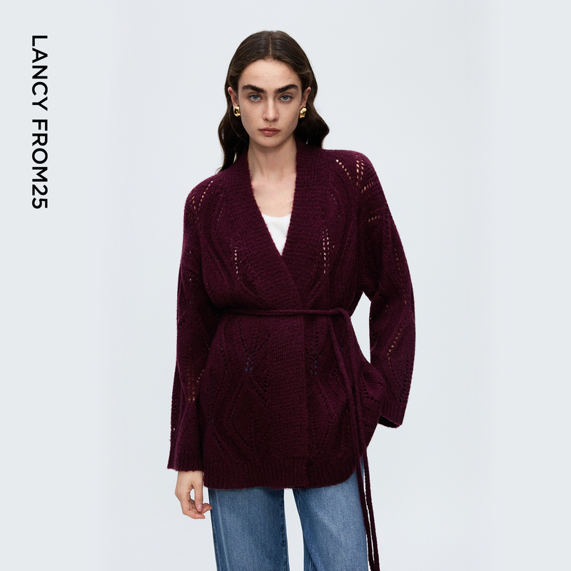 Langzi V-Neck Hollow Crochet Waist-Cinching Knit Cardigan, Elegant and Slim-Fit, Commuter Ol Style Sweater, 2025 Winter New Model