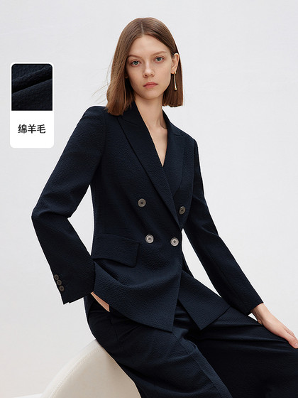 朗姿羊毛西服2025年春季新款西装外套休闲双排扣高级感职业正装女