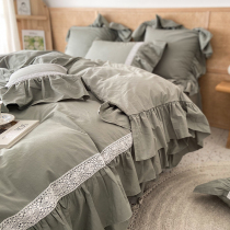 Korean version of Korean style Princess wind cotton cotton cotton four-piece girl nude sleep super soft lace edge bedding