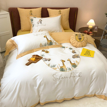 New cute cartoon cotton dyed water wash cotton four-piece set super soft cotton quilt cover sheets nude sleeping bedding