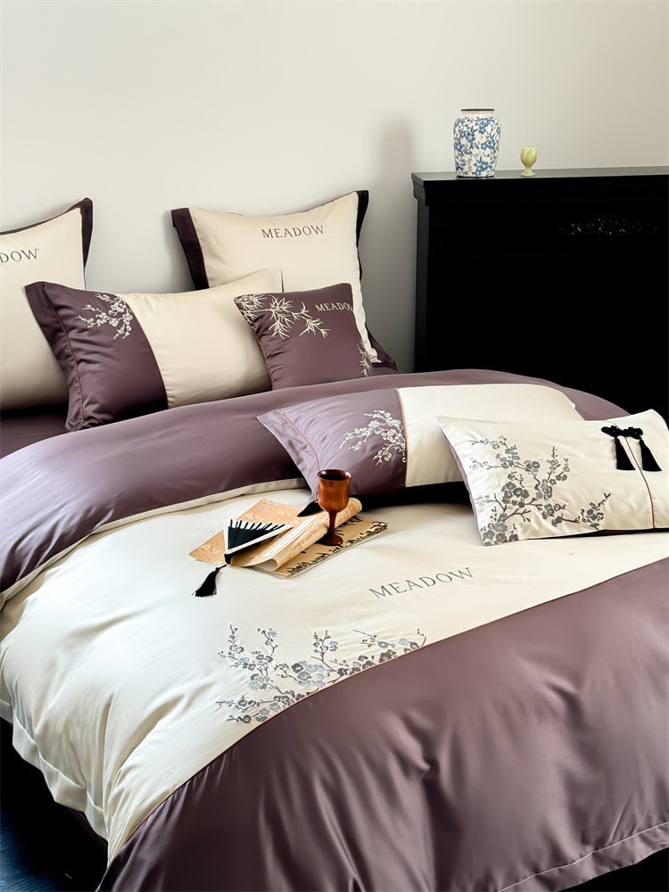 国潮梅花天丝棉四件套高级感刺绣花床单被套床上用品