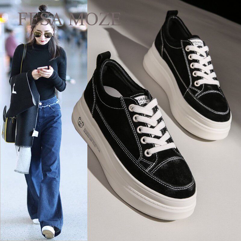 Europe Station thick bottom pine pastry shoes 2023 new spring autumn season women shoes genuine leather breathable inner heightening trendboard shoes 