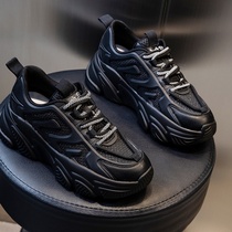 Hong Kong black foot-showing little dad shoes womens winter plus velvet 2020 new leather thick bottom heightening casual sports shoes