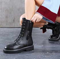 Hong Kong mid-tube snow boots womens leather 2020 new waterproof and non-slip flat Martin boots winter plus velvet cotton shoes women