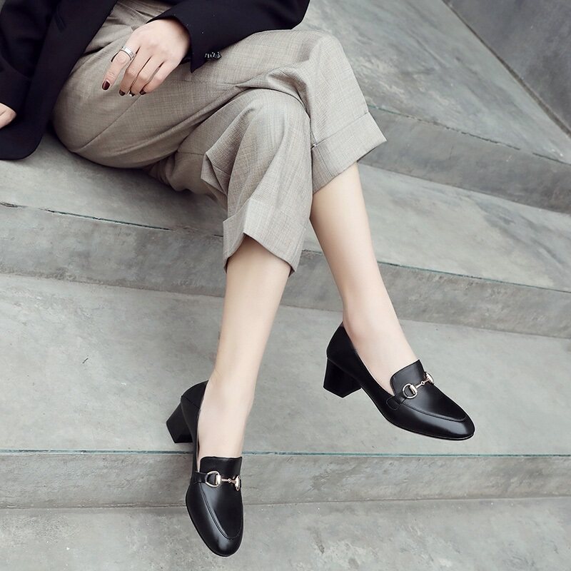 Female Shoes Spring Autumn Single Shoes Woman High Heel Shoes Coarse Heels to Inron Leather Shoes Fashion 100 Hitch Casual Mid to Lefoe Shoe Chauffather