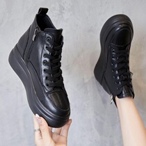 Womens shoes in Hong Kong to increase height in spring and autumn 2022 new popular black leather platform high-top platform shoes