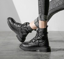 Hong Kong black leather Martin boots womens autumn and winter thick heel plus velvet warm thick bottom British style boots all-match short boots