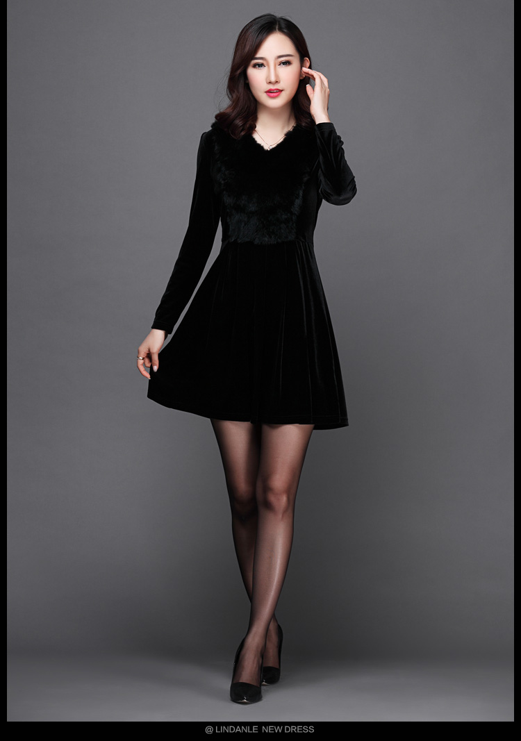 琳丹乐2016冬季新款女装韩版V领黑色弹力收腰修身金丝绒连衣裙
