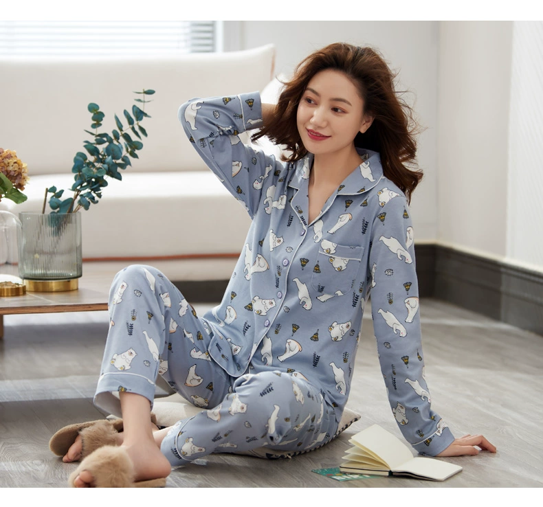 Bộ đồ ngủ người tròn phụ nữ mùa xuân và mùa thu cotton tinh khiết dài tay dễ thương của phụ nữ mùa hè phong cách Hàn Quốc cotton mùa hè mỏng bộ đồ phục vụ ở nhà - Nam giới