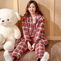 Round peoples pajamas womens autumn and winter cotton thickened winter red red plaid cotton padded clothing home suit