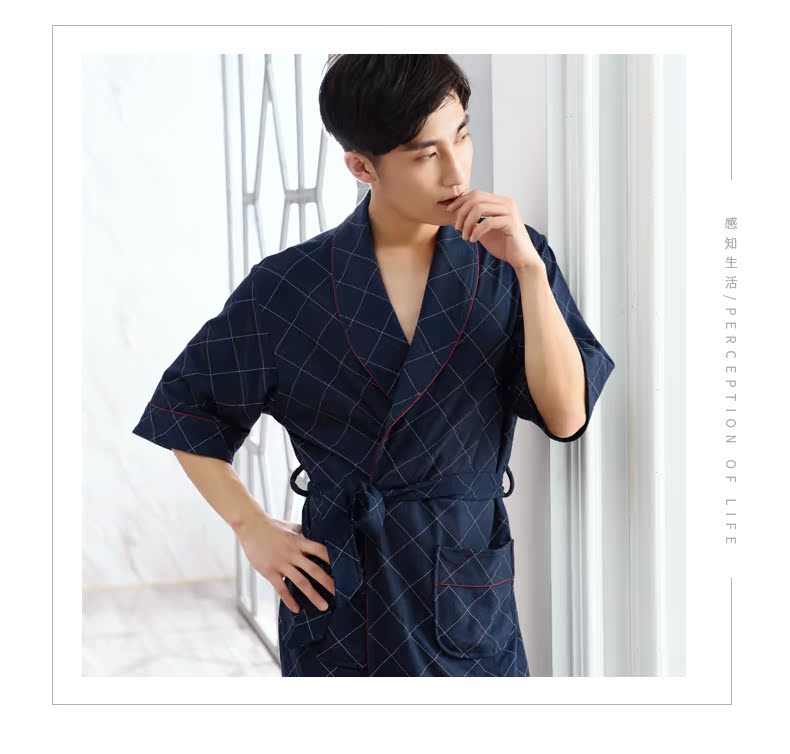 Áo choàng tắm cho nam Áo ngủ mùa xuân và mùa thu Cotton tay ngắn Trung niên trung niên Dad Cotton Nhật Bản Đồ ngủ nam đồ ngủ nam hàn quốc