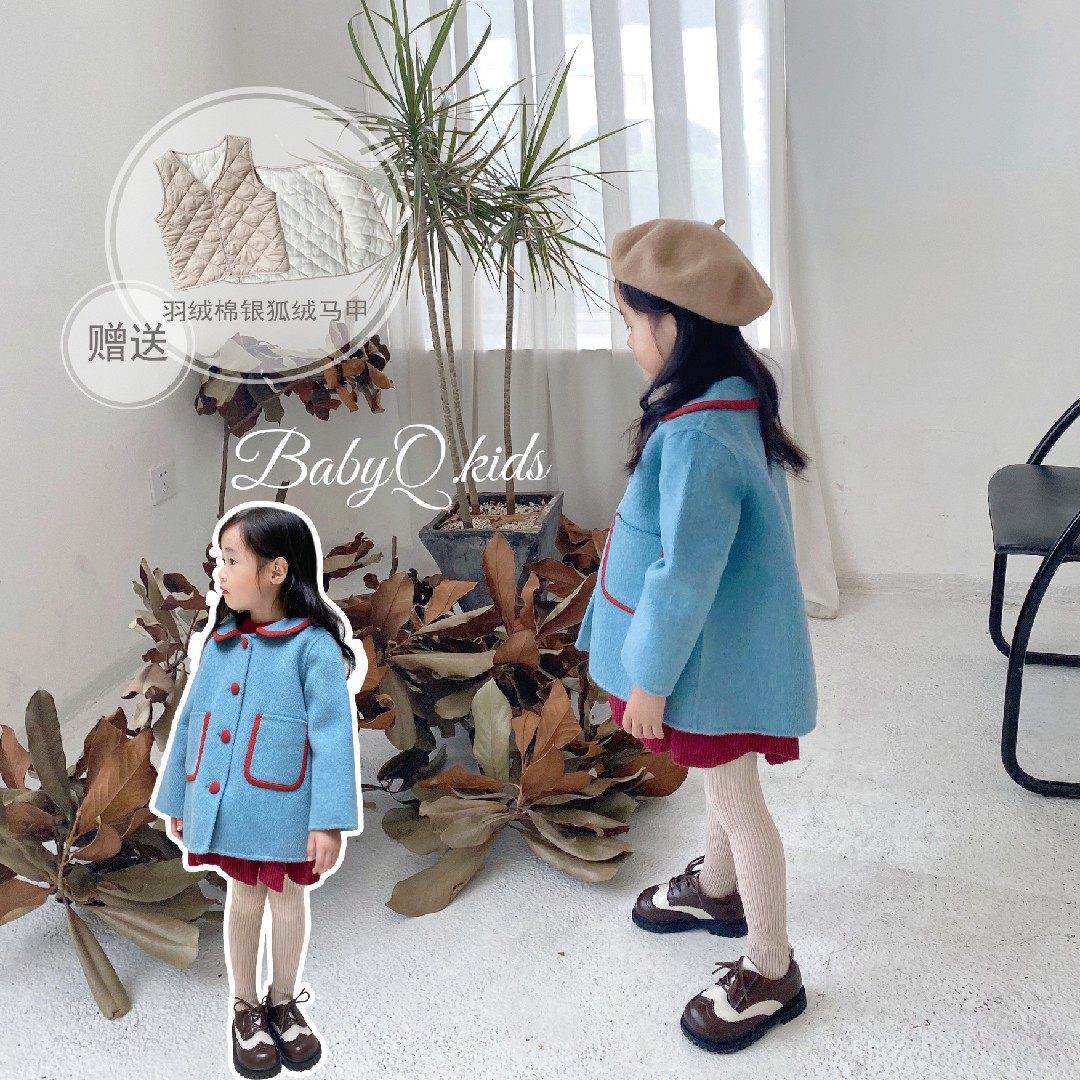 2021 new thickened child dolls collar hit color Korean version Temperament Cute Bifacial Cashmere Girl big coat