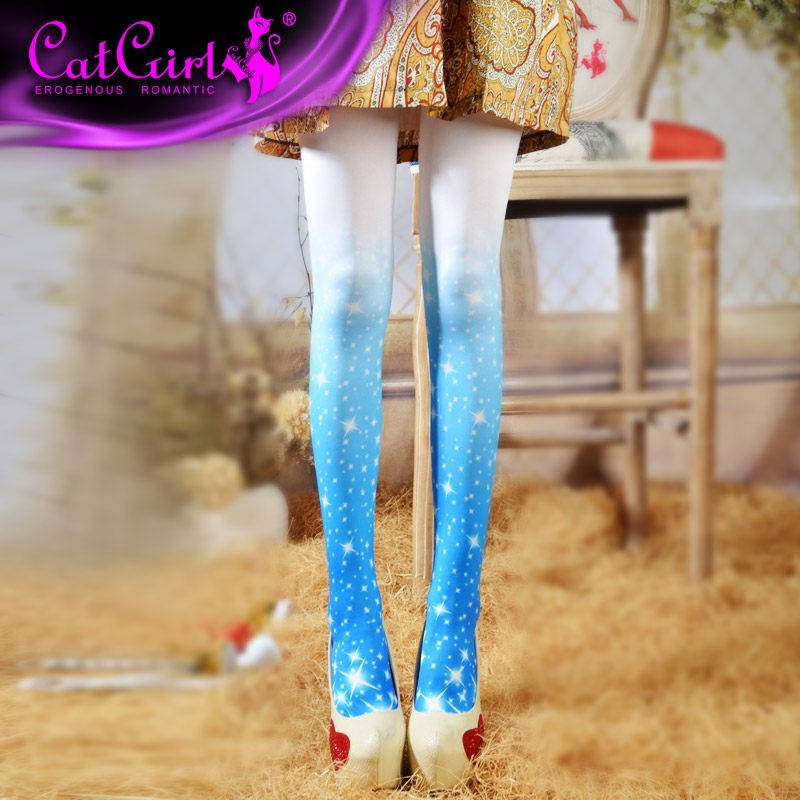catgirl starry sky gradient stockings Japanese Harajuku tattoo print pantyhose pattern personality Korean version of the tide socks