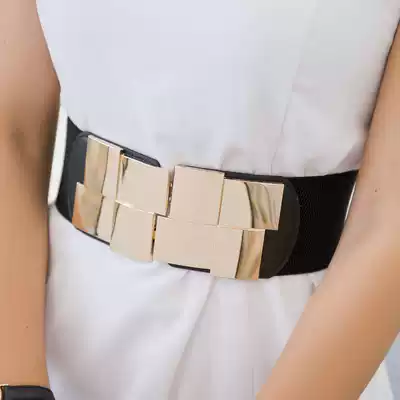 Korean version of the square gold buckle elastic waist belt women's skirt coat decoration elastic wide belt metal belt wild