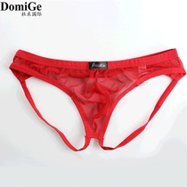 Red lace underwear mens mesh BAO WEN Ice Silk sexy low waist double thong mesh big red transparent summer