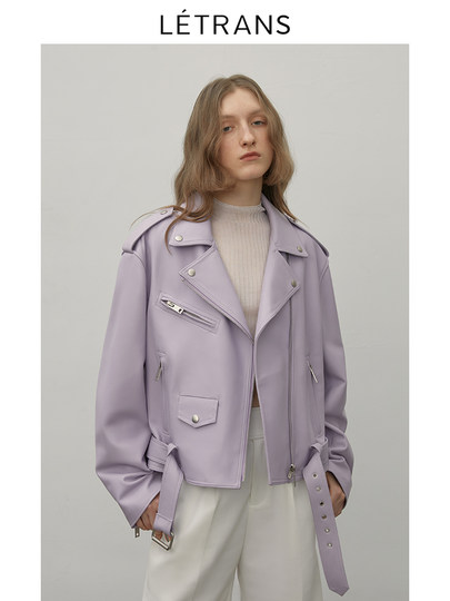 元一letrans紫川 黑色真皮机车皮衣女秋冬新款绵羊皮夹克外套短款