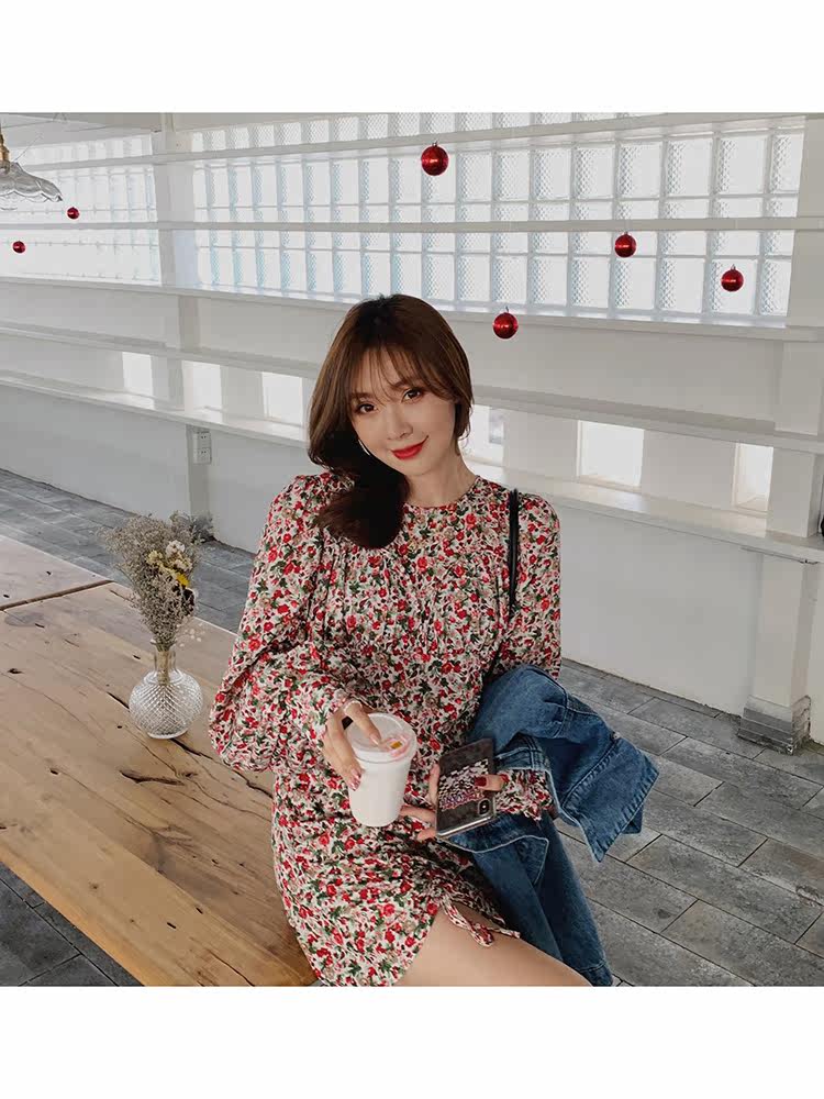 youni French retro bubble sleeve long sleeve floral long version dress women spring and autumn 2020 new temperament waist