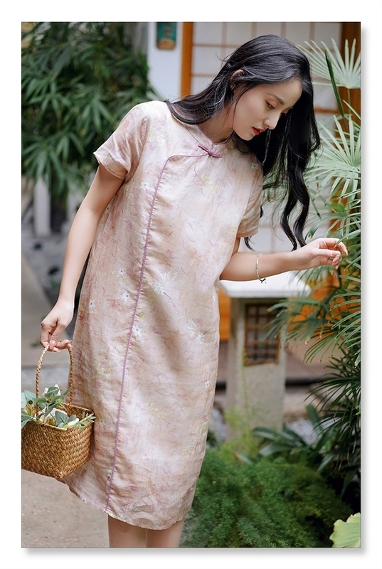 Special Offer~ High-End Original Design 100% Ramie Handmade Floral Print with Buttoned Edges Girl's Cheongsam