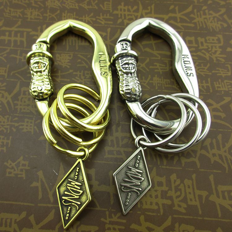 Brass Replica Japanese Cartoon Peanut Man Spring Car Keychain Ring Waist Pendant Pure Copper Trendy Men's Carabiner