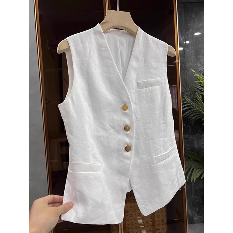 Linen Sleeveless Blazer Vest for Women, Spring and Summer High-End Vintage Layered V-Neck Cotton-Linen Vest Top for Summer