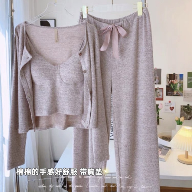 Japanese-Style Pajamas for Women with Chest Pads, Spring and Autumn Pure Cotton Three-Piece Set, 2026 New Style, Pure and Sexy Camisole for Outerwear, Loungewear