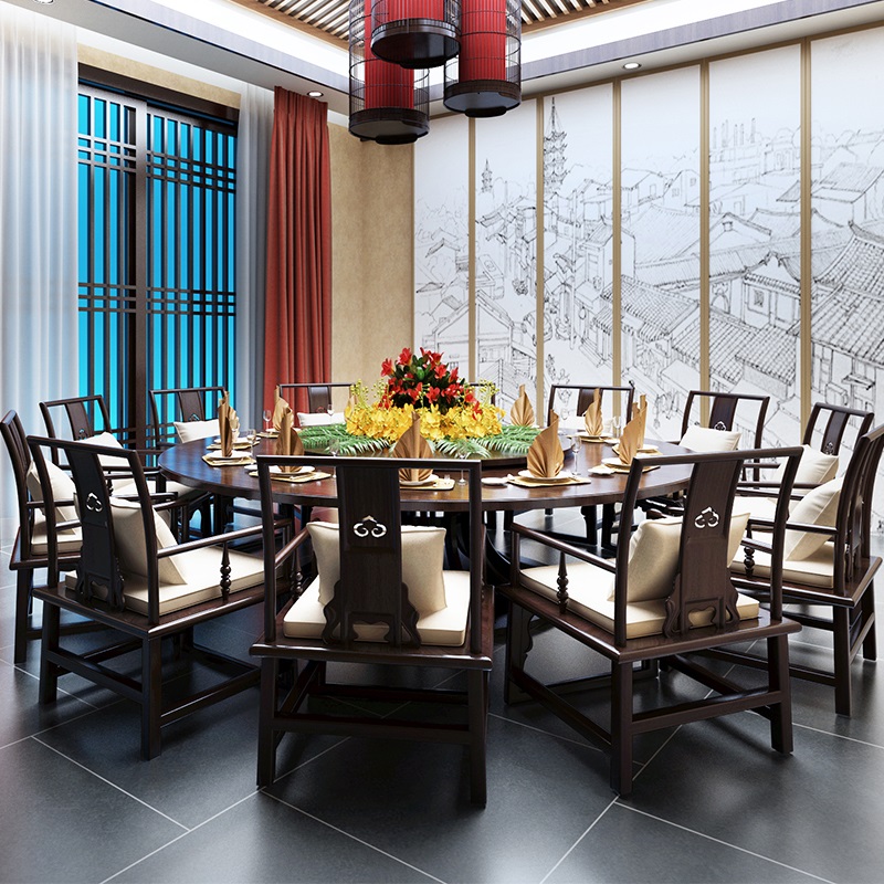 New Chinese-style hotel box electric solid wood large round table modern minimalist hotel club commercial hot pot table and chair customization