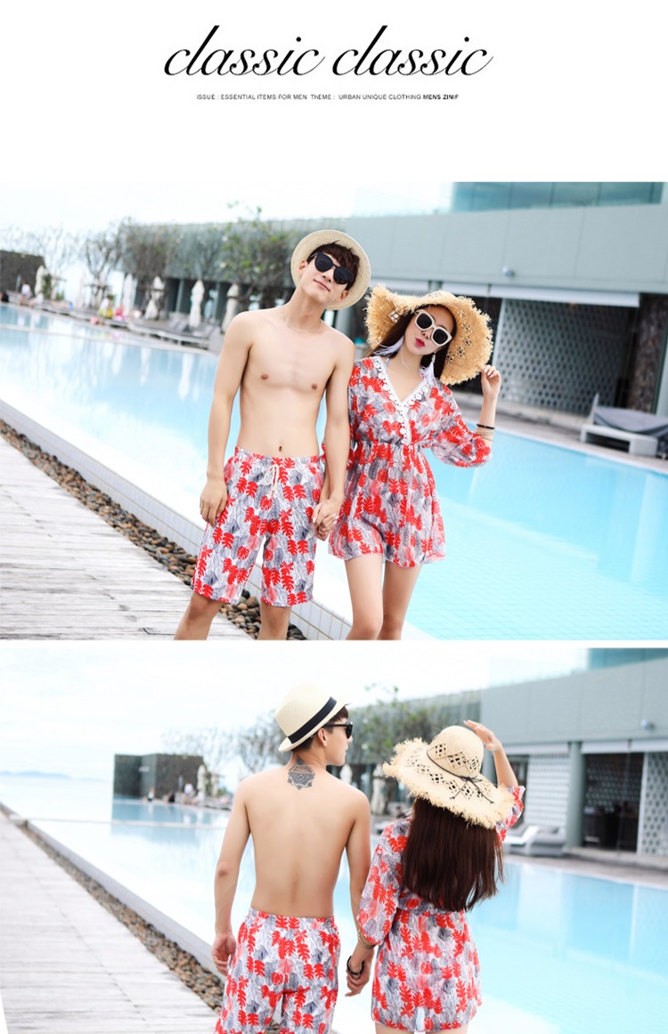Cặp đôi đồ bơi nữ bikini ba mảnh ngực nhỏ tụ tập quần lọt khe nam quần dài mùa xuân phù hợp với đồ bơi 	đồ đôi đi biển màu xanh