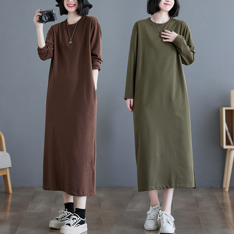 Long Over-The-Knee T-Shirt Dress for Women, New Autumn and Winter Style, Large Size, Loose, Slimming, Casual, Long-Sleeved, Solid Color Base Dress