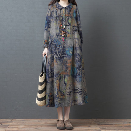 Women's Clothing 2025 New Autumn Korean Style Loose Large Size Long Shirt Dress Printed Age-Reducing Slimming Long-Sleeved Dress