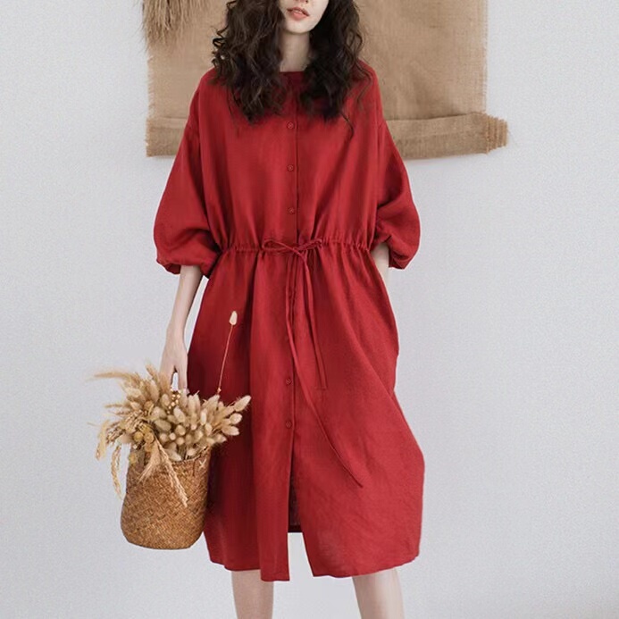 Retro French Lantern Sleeve Cotton and Linen Dress for Women in Spring and Summer, Loose and Slim, Mid-Length, Waist-Cinching, Lace-Up Cardigan Skirt