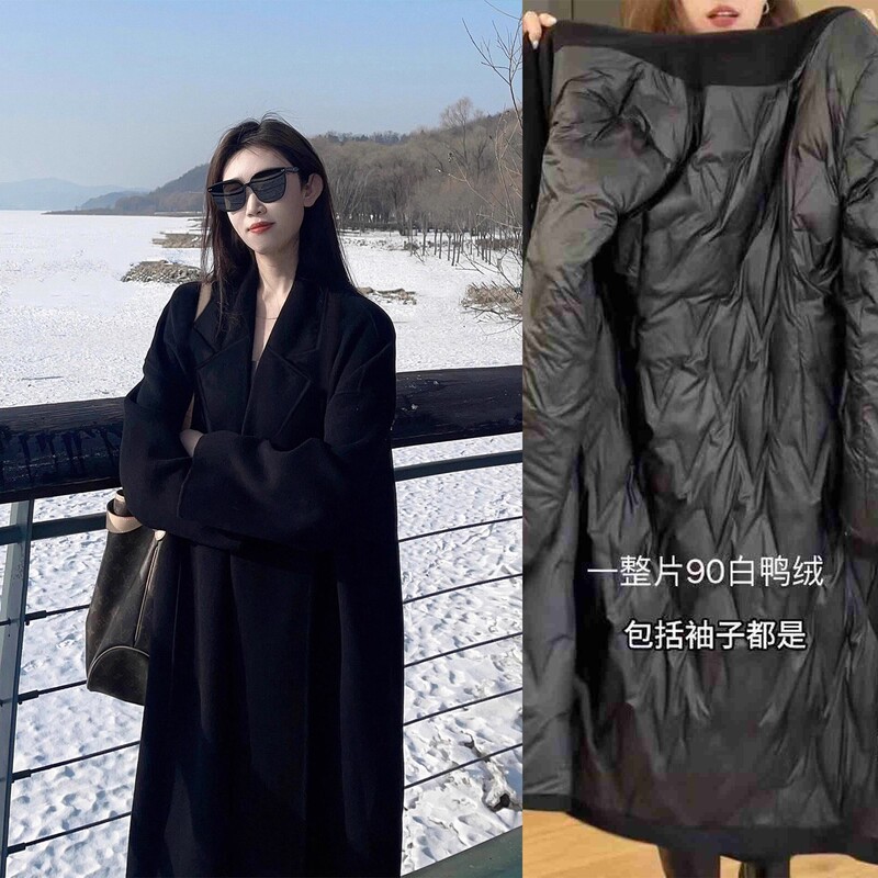 High-End Black down Jacket with Wool Lining, Women's 2025 New Winter Mid-Length Thick Woolen Coat