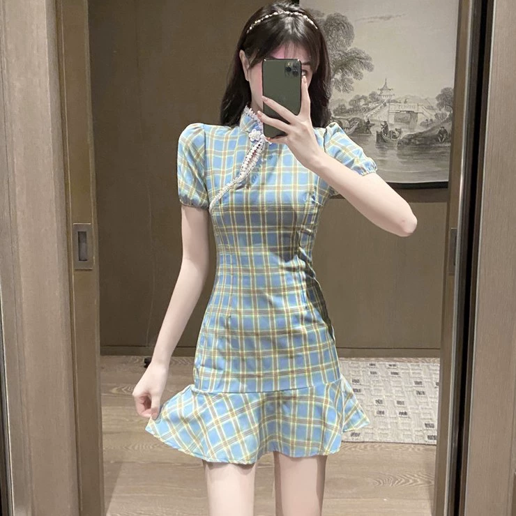 Mùa hè mới 2020 lưới Pháp cải tiến váy đuôi cá là váy eo mỏng váy ngắn tay áo - váy đầm