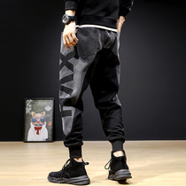 Hong Kong Chaobou Spring Fall Swep Pants Splicing Jeans Mens Trend Loose big-size casual bungling sports pants