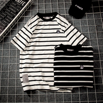 Hong Kong Tide Cards Summer Striped Short Sleeve Mens Day Department 100 Hitch Plus Size Relaxation Bf Wind Couple T-shirt Half Sleeve