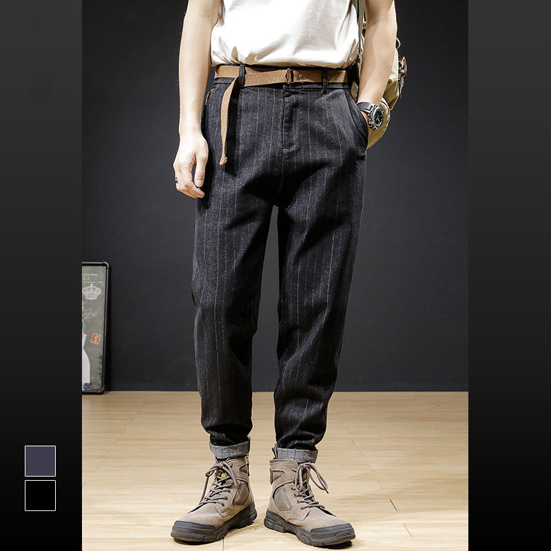 Hong Kong Tide Cards 2022 Spring Fall New Design Feeling Striped Jeans Men Loose elastic straight cylinder pants