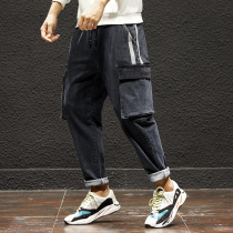 Hong Kong Tide Card Striped Tooling Jeans Mens Day Department 100 Hitch Loose Multi-Pocket Elastic Straight Barrel Long Pants Old Daddy Pants