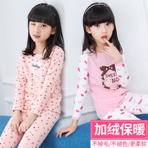 Childrens clothing Girls  winter pajamas Childrens velvet thickened thermal underwear set Big child girl printed autumn clothes autumn pants