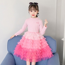 Childrens dresses 2021 autumn and winter season new girls long-sleeved plus velvet puffy yarn princess skirt girls cake skirt