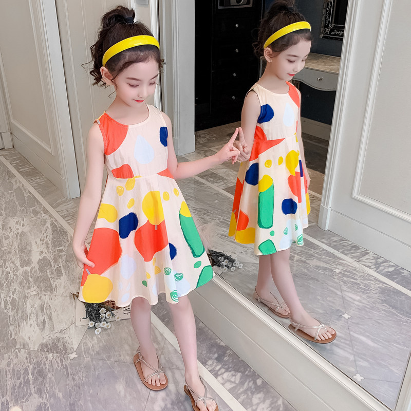 Girl Pure Cotton Foreign Dress Summer Dress 2022 New Children Foreign Vest Skirt Summer Girl Net Red Princess Dress