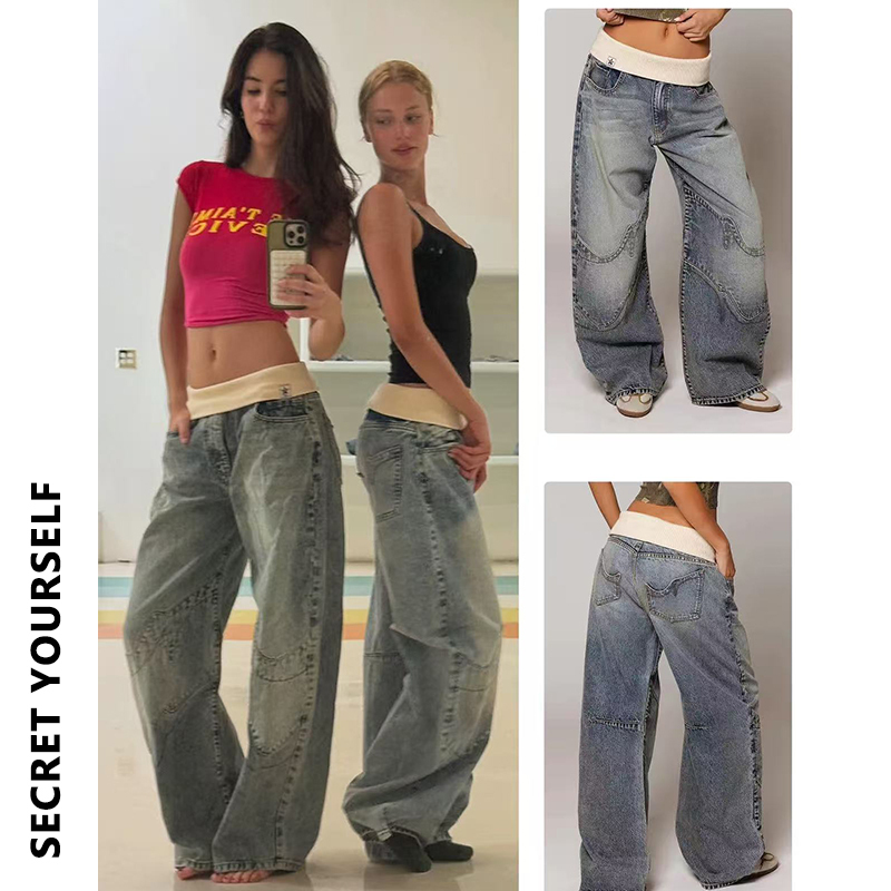 Revice Denim Ribbed Waist Straight-Leg Jeans Vintage Distressed Washed Blue Wide-Leg Pants Heavy Embroidery for Women