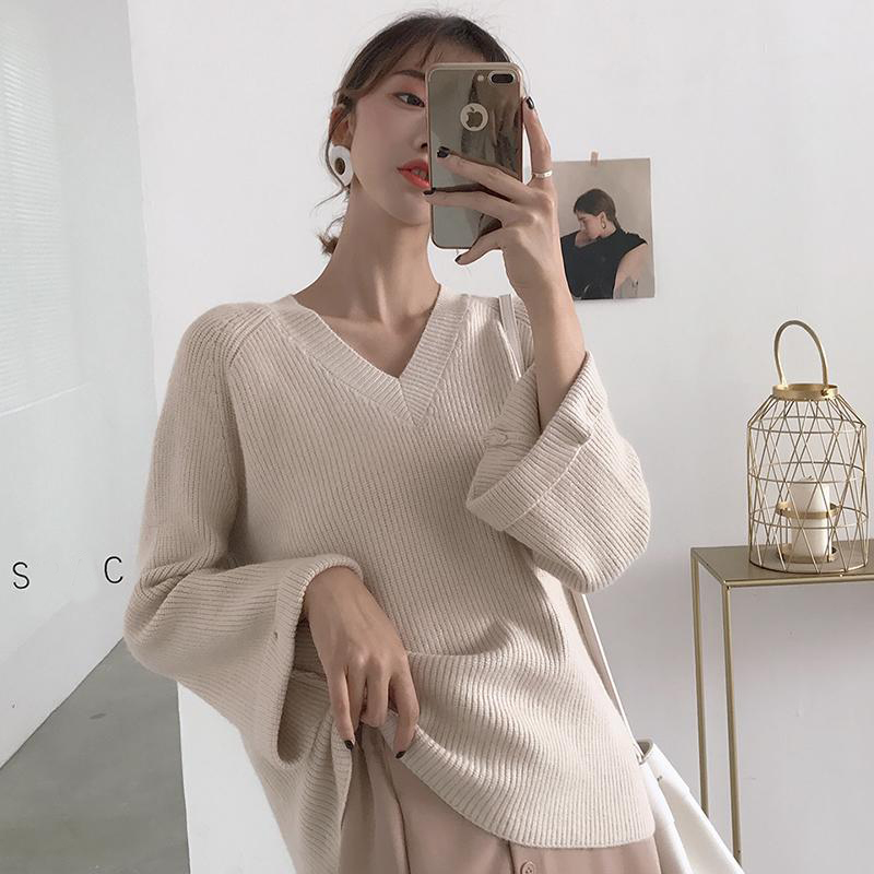 Áo len cổ lọ rộng cổ chữ V cho phụ nữ tay dài mùa thu 2018 phiên bản mới của Hàn Quốc áo len gió lười màu áo hoang dã ao len nu