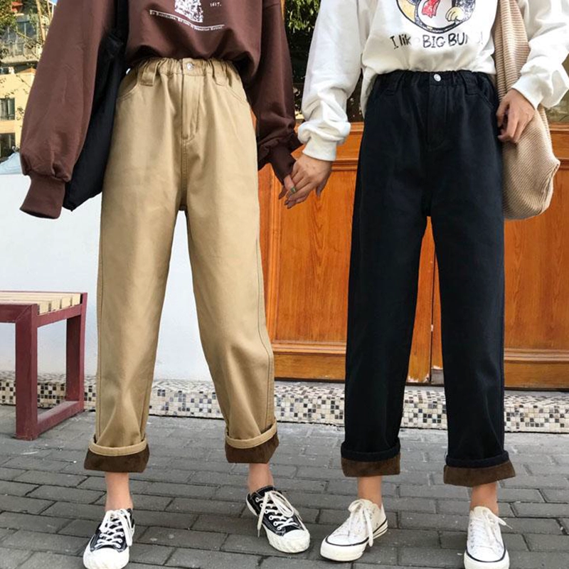 Quần lửng nhung nữ mùa thu đông 2018 phiên bản mới của Hàn Quốc có cạp cao thun co giãn là quần lửng ống suông hoang dã jean nữ