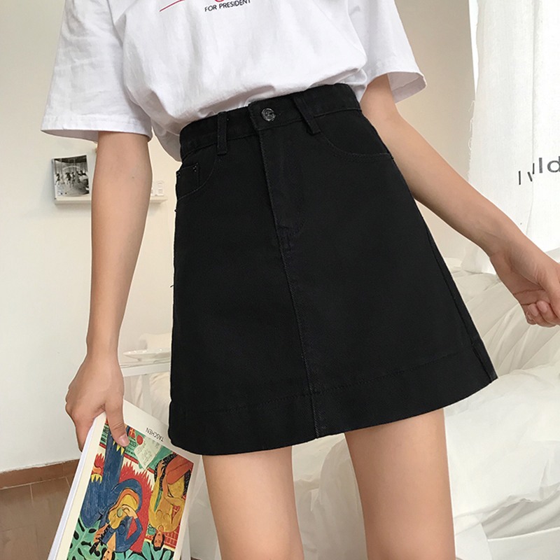 Mùa hè 2018 mới của Hàn Quốc phiên bản của retro màu rắn cao eo váy mỏng nữ sinh viên hoang dã denim giản dị váy chân váy dài hàn quốc